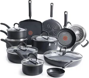 T-Fal Ultimate Hard Anodized Nonstick Pots and Pans Set 17 Piece, Nonstick Cookware Set with Fry Pan, Saucepans, Saute-Pan, Griddle, Dishwasher Safe, Black