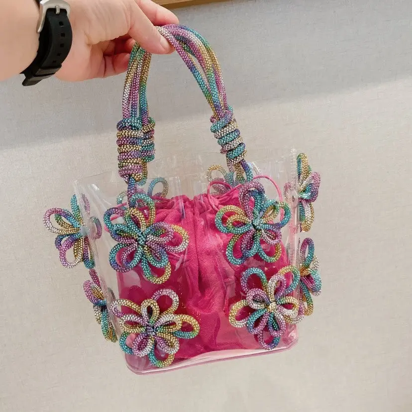 Colorful Rhinestone Transparent Flower Basket Bag - Stylish, Portable, and Unique Statement Piece