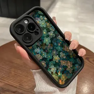 Green Flowers Pattern TPU Phone Case for iPhone 16 15 14 Pro Max 13 12 11 XR XS Plus Shockproof Full Camera Protective Durable slim Silicone Cover