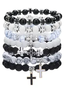 Men's Casual Hip-Hop Cross Pendant Necklace Set, Drip Oil Couple Beaded Stackable Bracelets Bangles Set Jewelry Gift for Daily Dating Vacation Party