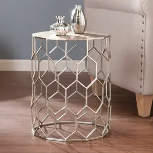 HomeRoots 402297 18 in. Antiqued Gold Honeycomb Hexagonal End Table - All-Metal, Gold, Hex-Shaped, Metal-Finish Indoor Furniture Table, All-Metal End Tables, Gold End Tables