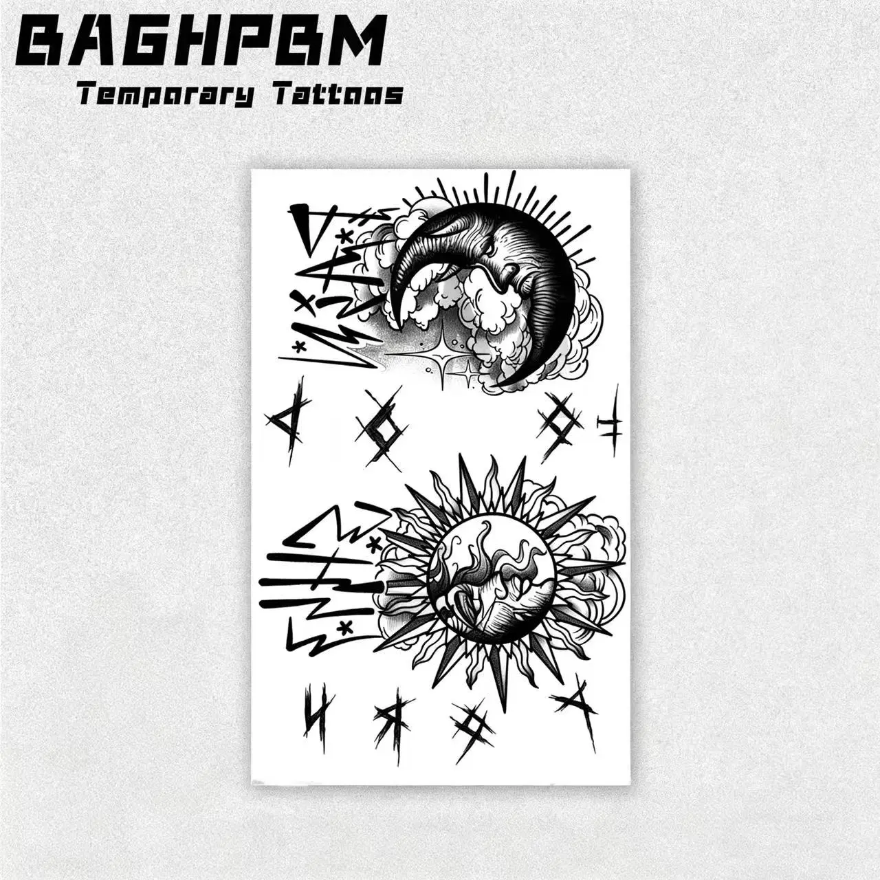 BAGHPBM Dark Moon and Sun English Script Temporary Tattoos - Cool Rock-Style Hand Finger, Do-It-Yourself, Dramatic, Festival, Glam, Halloween Tattoos, Waterproof, All Skin Compatible, Paper Sheets Included, Do-It-Yourself Temporary Tattoos, Dramatic Tempo