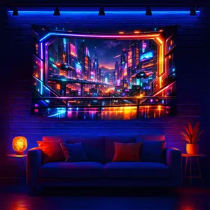 Cyberpunk Urban Gloss Print Rectangular Tapestry, Futuristic Retro Style Polyester Home Decor, Lightweight Home Supply for Living Space Vibe, Rectangular Shape