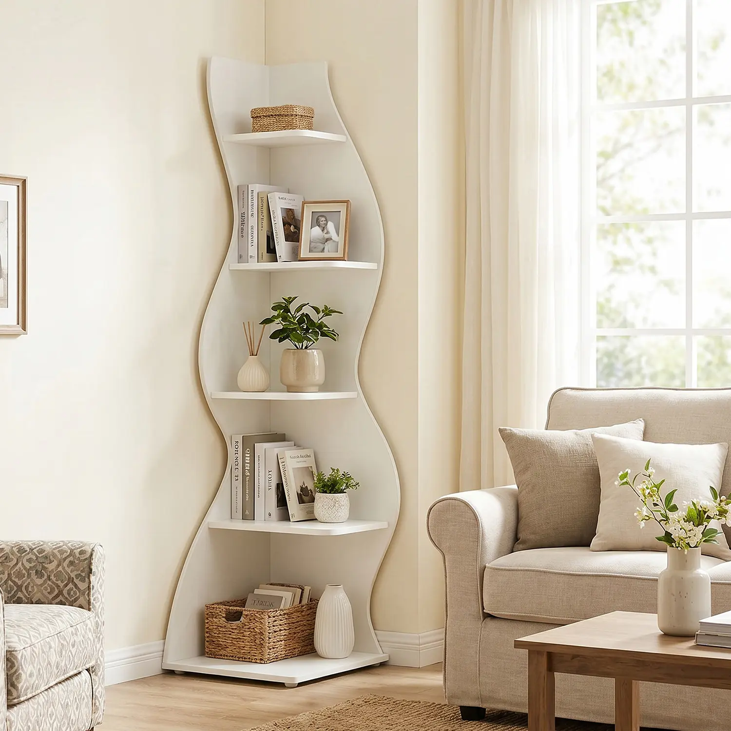 Spaco Corner Shelf, Modern 5-Tier Wall Corner Bookshelf,Stylish Corner Small Bookcase Storage Rack Plant Stand with Unique Shape for Living Room,Home Office Decor White