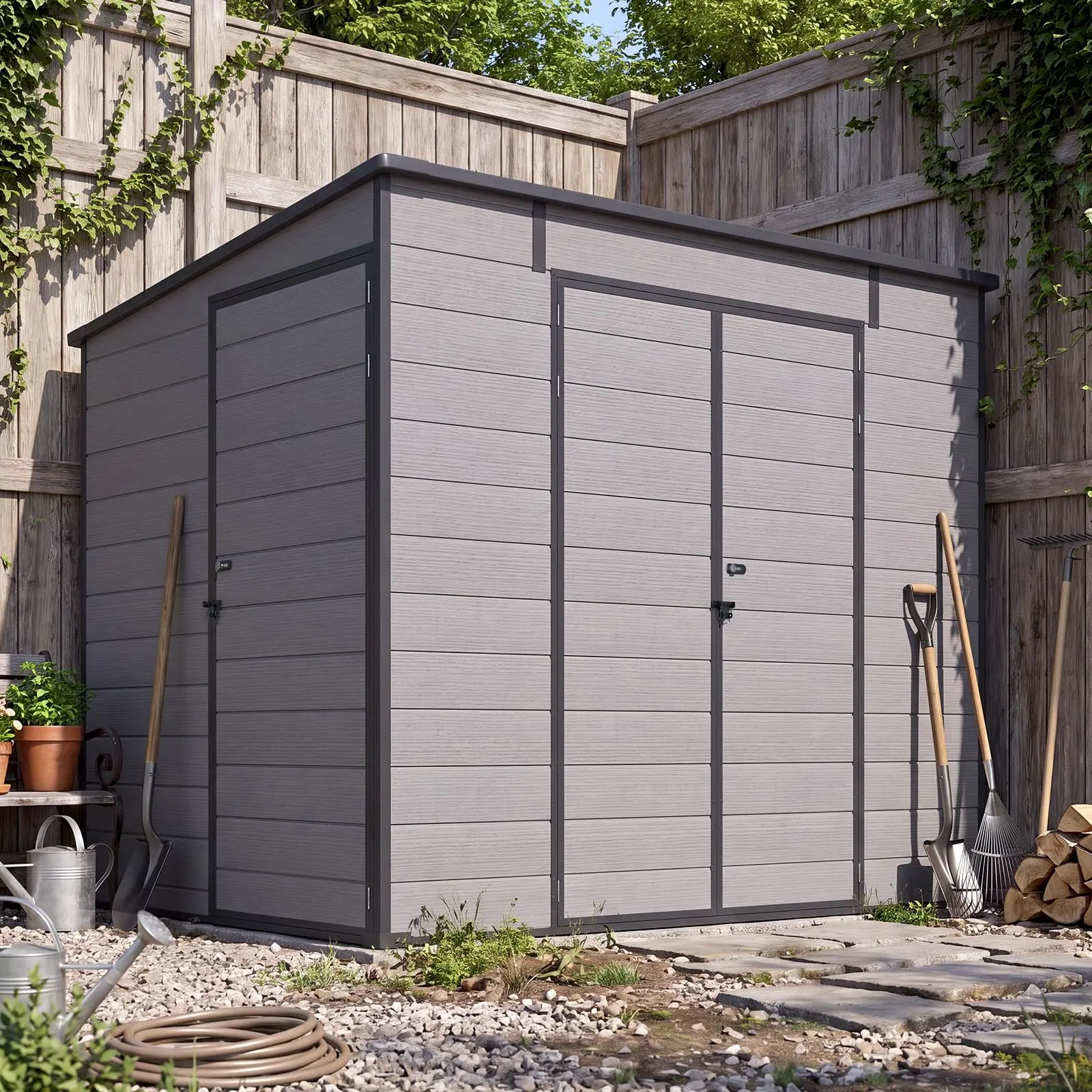 【2 packages arrived at different times】AECOJOY Lean‑To Resin Outdoor Storage Shed with Reinforced Base & Floor,  Heavy‑Duty Plastic Shed for Large Gear & Heavy Tools, 3.7' Wide Keyless Lockable Doors, All‑Weather, Easy Assembly