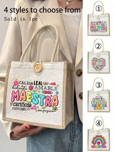 Maestra rainbow print tote bag, linen tote bag, travel essential, large capacity tote bag, letter print shopping bag, women's gift, Teacher's Day gift, suitable for school, university, work, business, commuting, outdoor, travel, holidays, Teacher's Day,