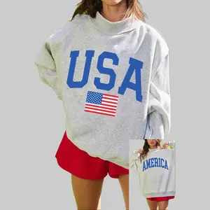 Women's Double-Sided Reversible USA Flag Graphic Print 2-Piece Hoodie, Oversized Crewneck, 65% Polyester 35% Cotton Soft Blend, 4th of July Patriotic Long Sleeve Pullover Casual Streetwear Top