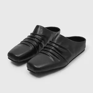 Men's black ruched slip-on loafers, square-toe mule shoes, minimalist casual design