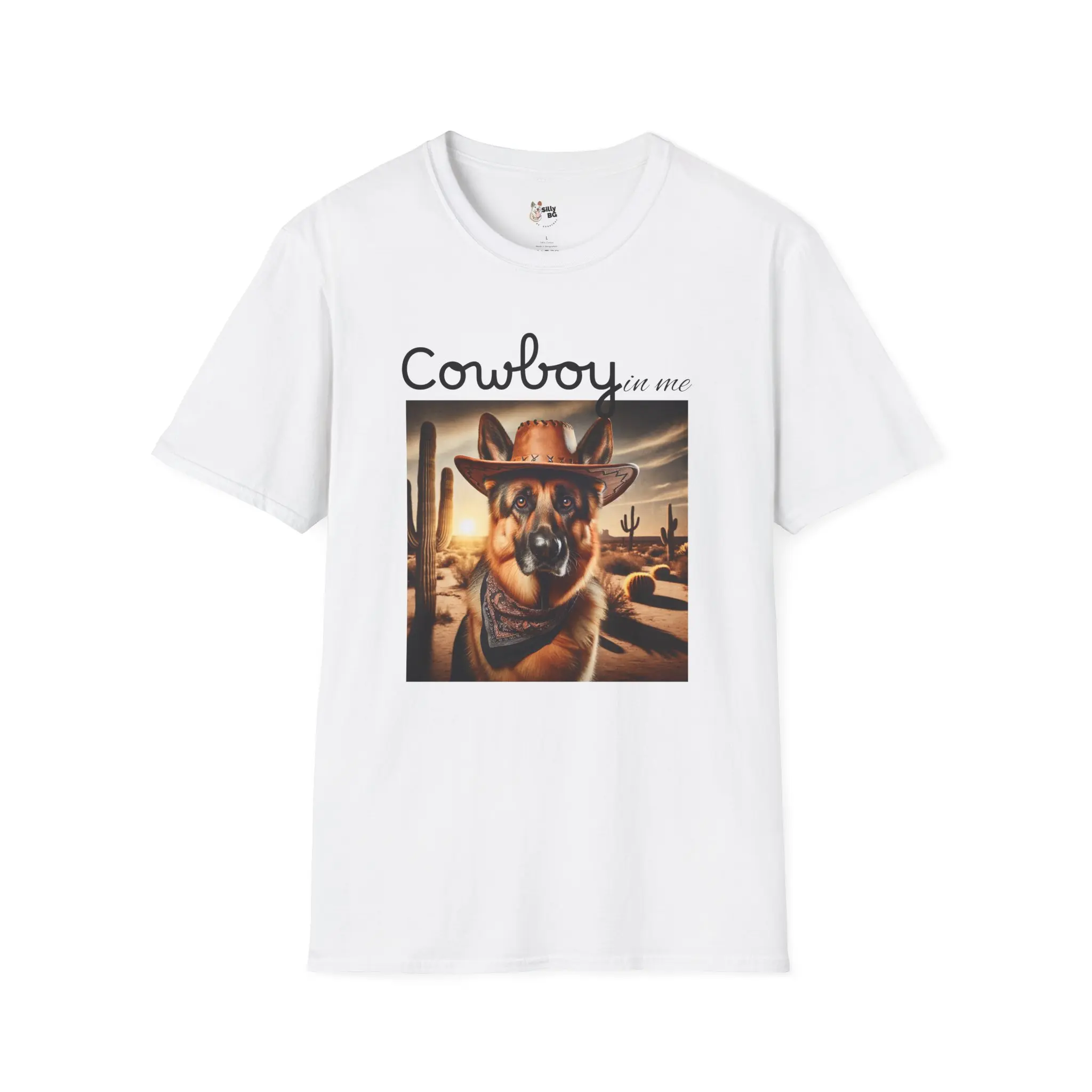 German Shepherd Cowboy Dog Unisex Softstyle T-Shirt - Fun Gift for Dog Lovers, Casual Wear, Animal Lover Tee, Pet Owner Shirt, Western Themed Cotton Fabric Top Womenswear Fit Knit