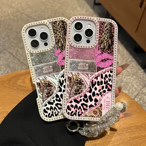 Y2K Leopard Print Bling Rhinestone Phone Case for iPhone 17Pro Max Air 16Plus 15 14 13 12 11 cases, Glitter Pink Lip Dollar Diva Pattern, Double-sided diamond-encrusted 3-in-1 design, Shockproof Drop, Protective Silicone Cover, Gifts for Girls.JL104
