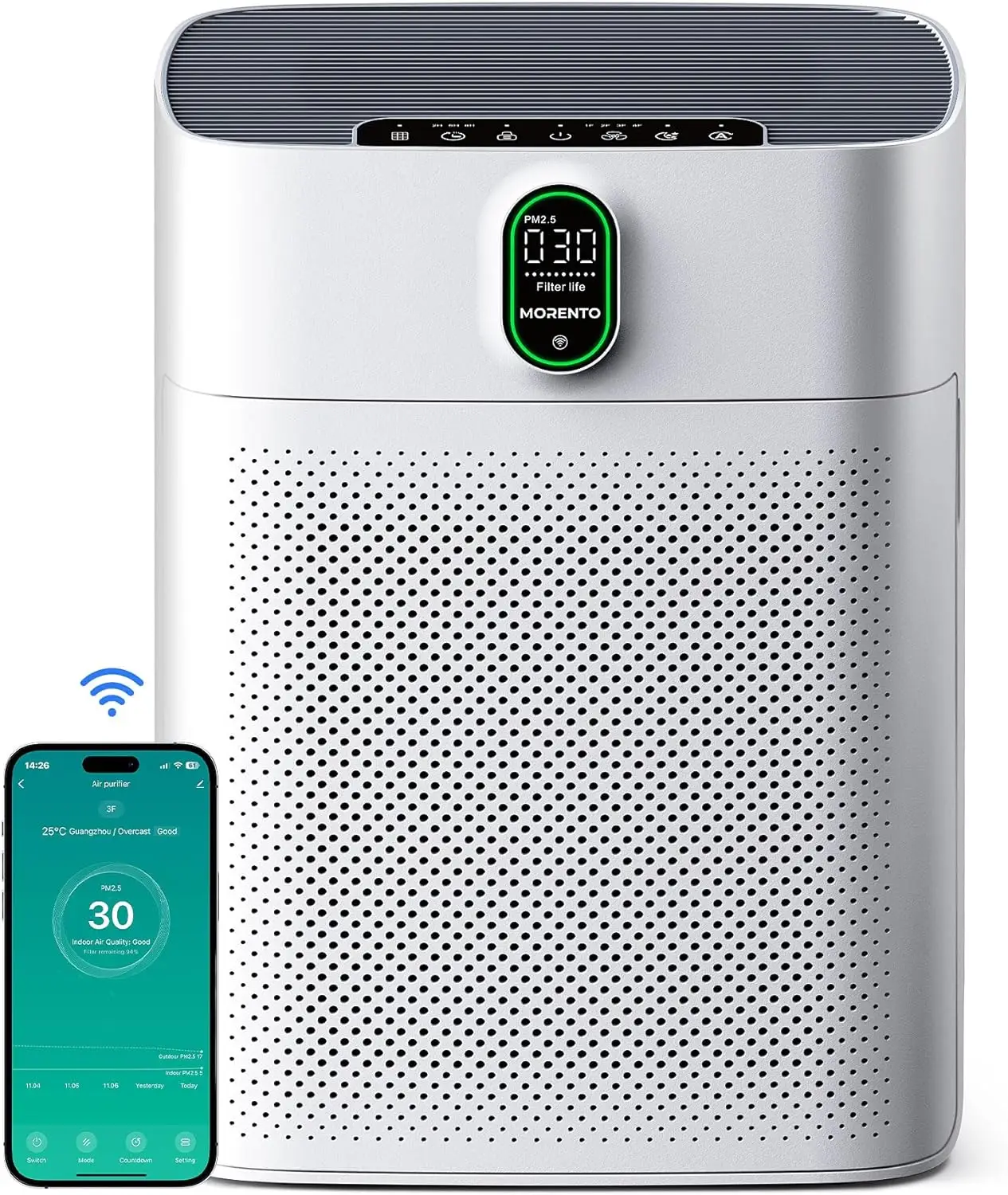 MORENTO 4866 Air Purifiers for Home Large Room up to 1076 Sq Ft with PM 2.5 Display Air Quality Sensor for Pet Hair, anti-allergy white purifier anti-
