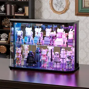 FREDEES Rounded Glass Display Case - for Figures & Collectibles, 2-Tier Curio Display Cabinet with RGB Lights, Small Lighted Display Box with Glass Door, Glass Shelf, Mirror Back