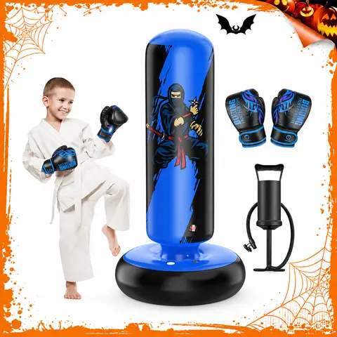 QPAU 66-Inch Inflatable Standing Punching Bag (31"w x 66"h) for 6-12 Years Kids, Premium Double-Layer Structure PVC Boxing Equipment with Gloves, Pump & Stable Base, Inflate with Love, Faster Rebound, Enhances Physical Strength, Halloween Gift