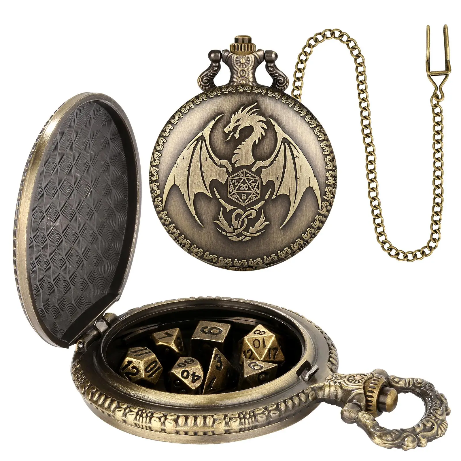 Fantasy Flying Dragon Design Watch Case with Chain & Dice, Vintage Style Watch Case with Chain & Dice, Role Playing Game Accessories