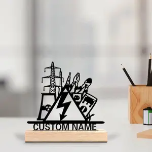 1pc Fashion Personalized Custom Electrical Engineer Metal Statues Metal Art With Wooden Base Literary Themes Desktop Decorations