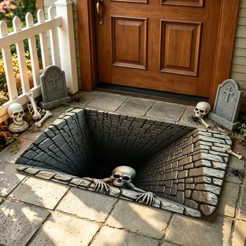 Halloween Front Door Mat, 3D Visual Illusion Sewer Monster Skull Horror Rug, Spooky Trick-or-Treat Entryway Doormat, Non-Slip Rubber Backing Creepy Haunted House Welcome Carpet, Waterproof Outdoor Porch Patio Floor Mat, Fall Holiday Home Party Decorations
