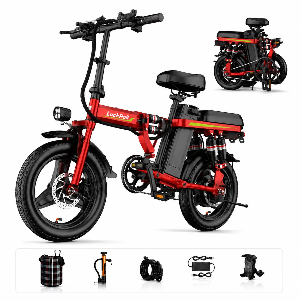 Adult Folding Electric Bike with LED Lights- 2000W Peak Power Ebike, 40 MPH, 52V 25Ah Detachable Battery, 50-80 Mi Range, Dual Disc Brakes, UL2849 Certified