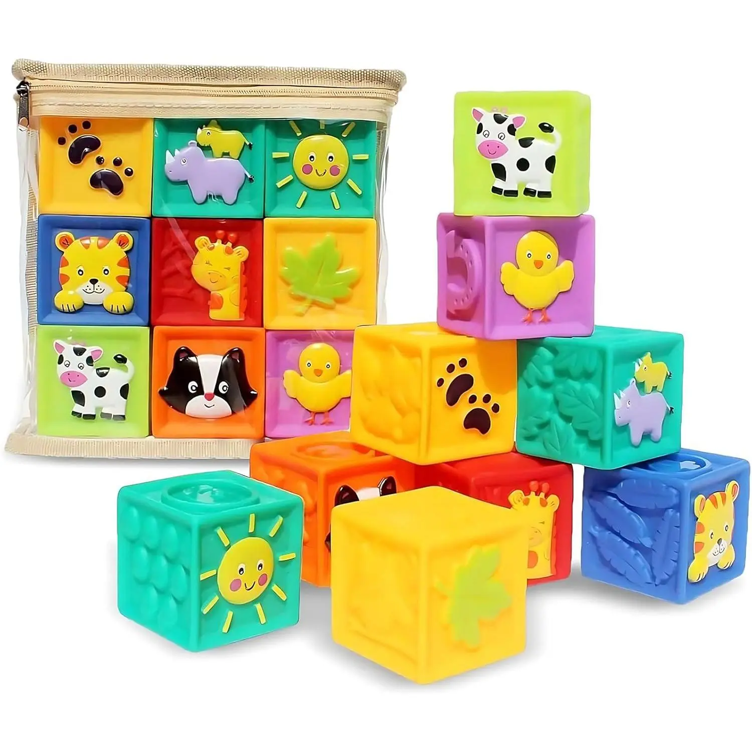F-SRT04 Baby Blocks, 9PCS Soft Squeeze Building Blocks Stacking Toys for 6+ Months Babies, Baby Teething Chewing Educational Blocks Set with Numbers Animals Shapes Textures