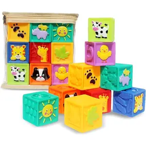 F-SRT04 Baby Blocks, 9PCS Soft Squeeze Building Blocks Stacking Toys for 6+ Months Babies, Baby Teething Chewing Educational Blocks Set with Numbers Animals Shapes Textures