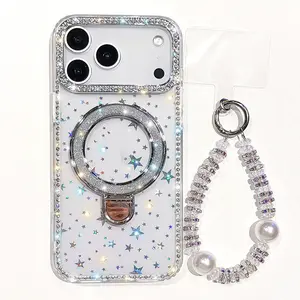 For iPhone 17 Air 16 15 14 13 Pro Max 16 Plus Glitter Magnetic Folding Stand Holder Phone Case Wrist Strap Cover