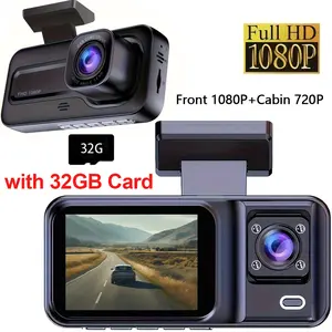 Dual-lens dash cam, 1080P front + 720P cabin,  night vision, loop recording, wide-angle lens, parking monitor (requires separate hardwire kit), includes 32GB memory card, driver assistance features. Requires constant power connection.