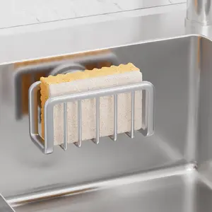 Sponge Holder for Kitchen Sink with Strong Suction Cup, Rustproof Aluminum Sink Caddy for Sponges, Removable Sponge Holder, with Dish Brush and Scraper - Silver