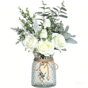 Faux Flowers with Vase, Lifelike Artificial Flower, Artificial Silk Roses in Vase, Fake Plant Eucalyptus Floral Flower Arrangement, Home Office Farmhouse Decorative Decoration