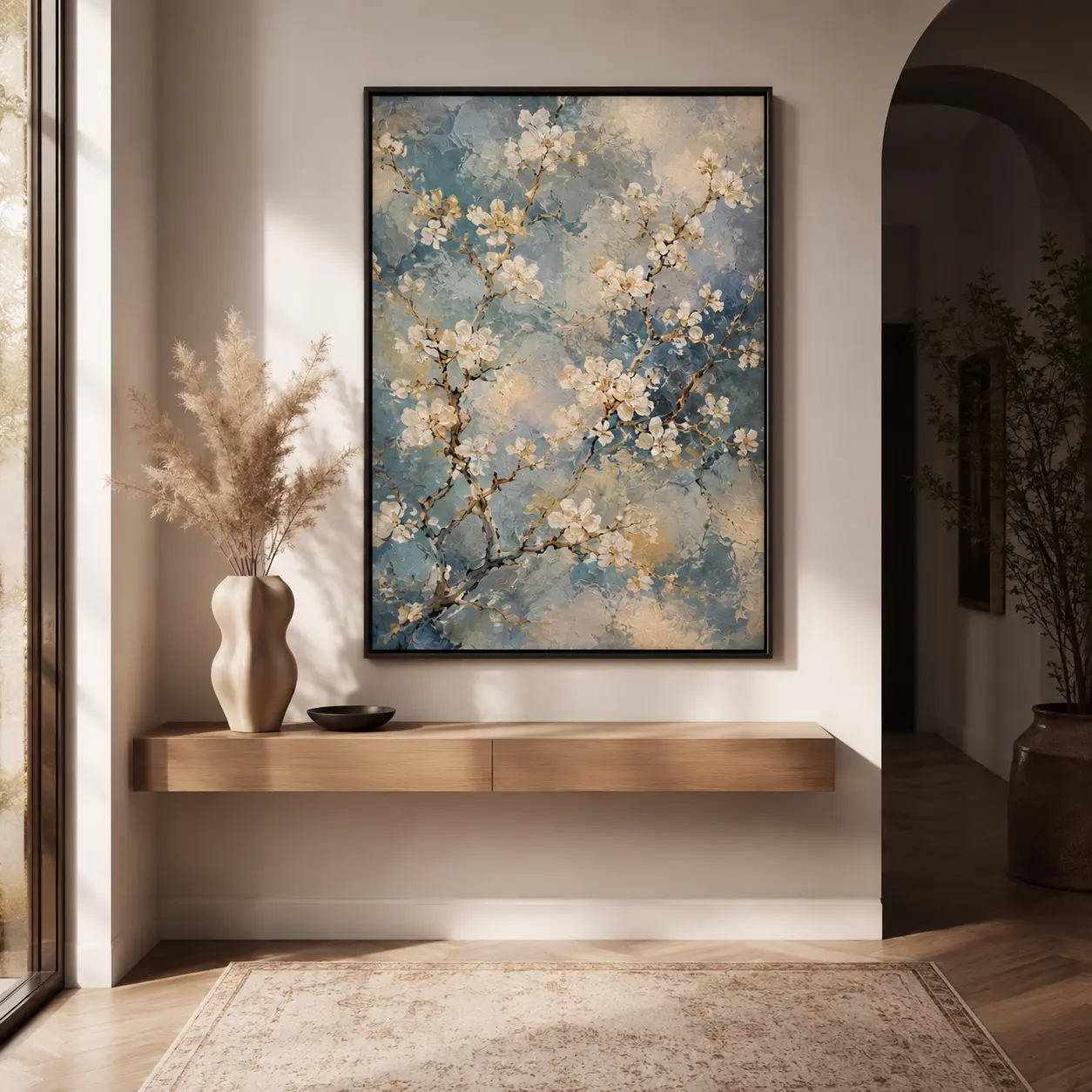 White Blossom Botanical Poster, Vintage Floral Poster, Blue Spring Flower Print, Cottagecore Garden Decor