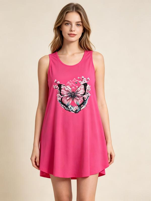 Women's Elegant V-Back Detail Sleeveless Loose-Fit Polyester Woven Floral Pink Butterfly Print Loungewear Night Gown - Casual Plus Size Organic Textile Underwear for Women, Sohochic Sleepwear