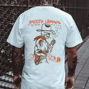 SMOOTH CRIMINAL Cowboy Skull Casual Graphic White Print T-shirt, Sweatshirt, Hoodie,  Oversized S-5Xl, Unisex Shirt, Today shirt, Love shirt, Retro Unisex, Life shirt, Merch gift, Short Sleeve Graphic, Naughty Clothes Men Classic Cotton Fabric Menswear