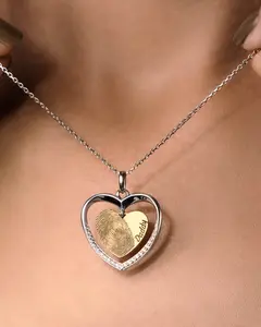Stato Doro Heart Fingerprint Side Engraved Necklace with CZ Stones