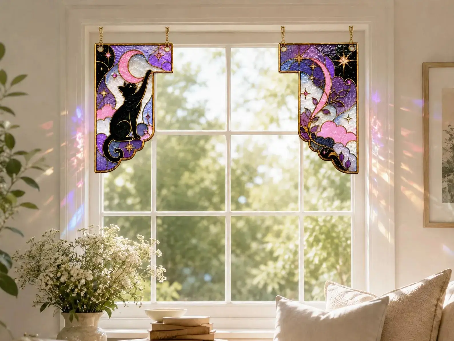 Stained Glass Window Corner Suncatcher, Black Cat Moon Window Ornament, Celestial Cat Lover Gift, Purple Gothic Home Decor, Sun Catcher