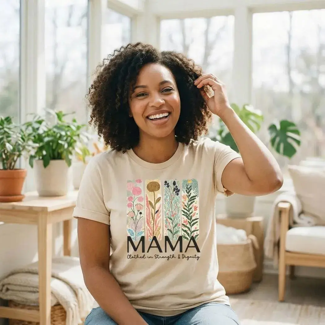 Mama Clothed in Strength & Dignity Floral Tee – Inspirational Christian Mom Graphic T-Shirt - MD900