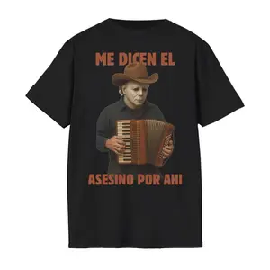 Funny Me Dicen El Asesino Por Ahi Shirt – Halloween Meme Horror Villain Tee, Michael Myers Playing Accordion Cowboy shirt Women's Round Neck Long Sleeve Top graphic Sleeve Crop Top Top Black White Set