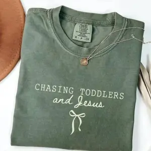 Comfort Colors Chasing Jesus and Toddlers Coquette T-Shirt, Christian Teacher T-Shirt, Aesthetic Faith Based Bow Tee, Christian Mom Gift, Beachy, Teacher Tee