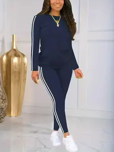 Casual Sweatsuit Set for Women, Plus Size Navy Blue Tracksuit with Side Stripe, Textured 2-Piece Sportswear for Yoga & Everyday Wear, Large Size Women's Sports Sweat Suit Workout Running Clothes Yoga Wear Fitness