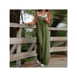 Fashion Casual New Women's Pocket Linen Casual Strap Jumpsuit