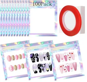 Qenk 100PCS Empty Holographic Nail Storage Bag Press on Nail Packaging Bag and 100PCS Shiny white cardboard Nail Tips Packaging Bags with 1 Roll Transparent Tape