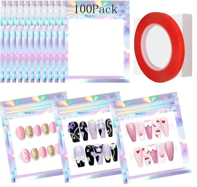 Qenk 100PCS Empty Holographic Nail Storage Bag Press on Nail Packaging Bag and 100PCS Shiny white cardboard Nail Tips Packaging Bags with 1 Roll Transparent Tape
