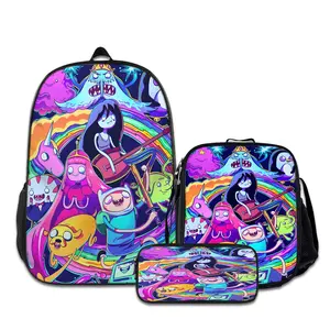 3PCS Adventure-Time-Backpacks for Girls Set, Cute School Backpack for Girls Boys with Lunch Box and Pencil Case, Aesthetic Bookbag for Teens, Lightweight Classic Backpack for Travel, Work, Picnic A-3