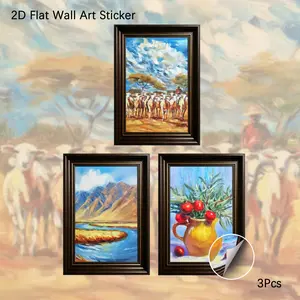 2D Flat Wall Art, 3Pcs PVC Self-Adhesive Framed Wallpaper Sticker, African Savanna Herd & Mountain Landscape Wall Decals, Vibrant Oil Painting Style Decor for Living Room, Bedroom, Ideal for Art Lovers & Nature Aesthetic Fans