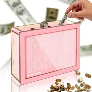 $10,000 Large-Size Savings Challenge Box for Adults and Kids – Cash Vault Wooden Money Savings Box – Kakeibo Money Bank – Pink/Brown Wooden Cash Coin Piggy Bank with Counter and Dry Erase Pen