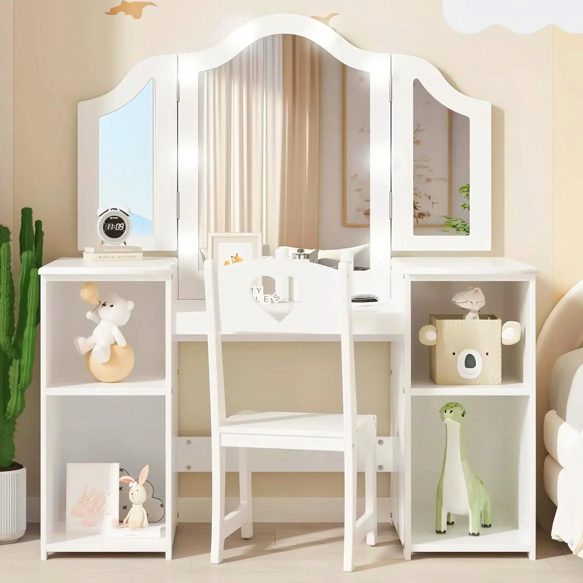Kids Princess-Themed Vanity Table and Chair Set, White Wooden Dressing Table with Touch Light Tri-Folding Mirror, Stool, and Storage Shelves for Bedroom, Princess Theme