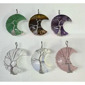 Wholesale Lot 6 Pcs Hand Wrapped Crystal Moon Pendant Crystal