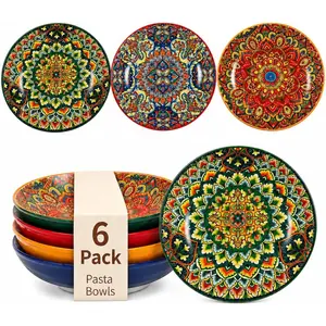 32 oz Pasta Bowls Set of 6, Large Ceramic Colorful Deep Plates, Bohemian Style Soup Salad Bowls, Dishwasher & Microwave Safe for Kitchen, Boho  Dinnerware