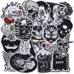 Gothic Skull Embroidered Iron  Patches - 20 Count High-Quality Polyester Yarn & Hot Melt Adhesive for Clothes, Hats, Jackets, Jeans, and