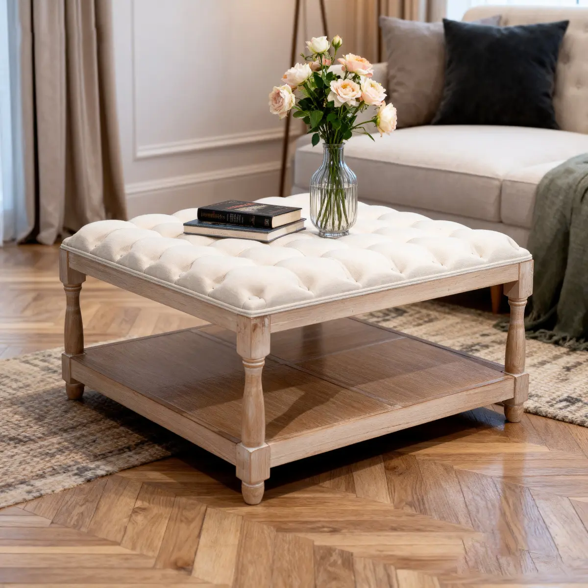 Rustic Square Shape Coffee Table - Beige, 33.46x33.46x18.50in, Linen-Cotton Fabric Tufted Top Upholstered Ottoman, Self Assembly, Storage Shelf, Solid Gourd Legs, Single Box, for Living Room