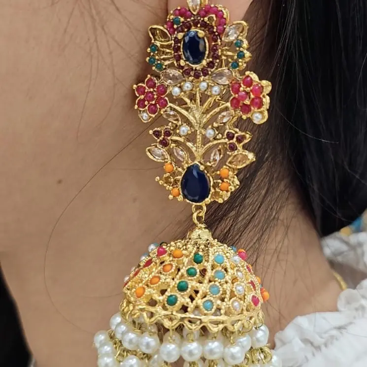 Stylish Multi Color Kundan Jhumka Earrings