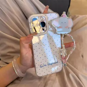 Crystal transparent white light painted polka dot cute elephant stand phone case with chain for iPhone 11 12 13 14 15 16 promax Cover