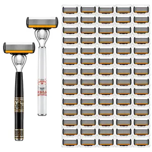 This disposable razor includes 6 layers of high-precision stainless steel blades, features a blade replacement system for 72 blades, and comes with 2 non-slip handles, providing men with a smooth, precise grooming experience.
